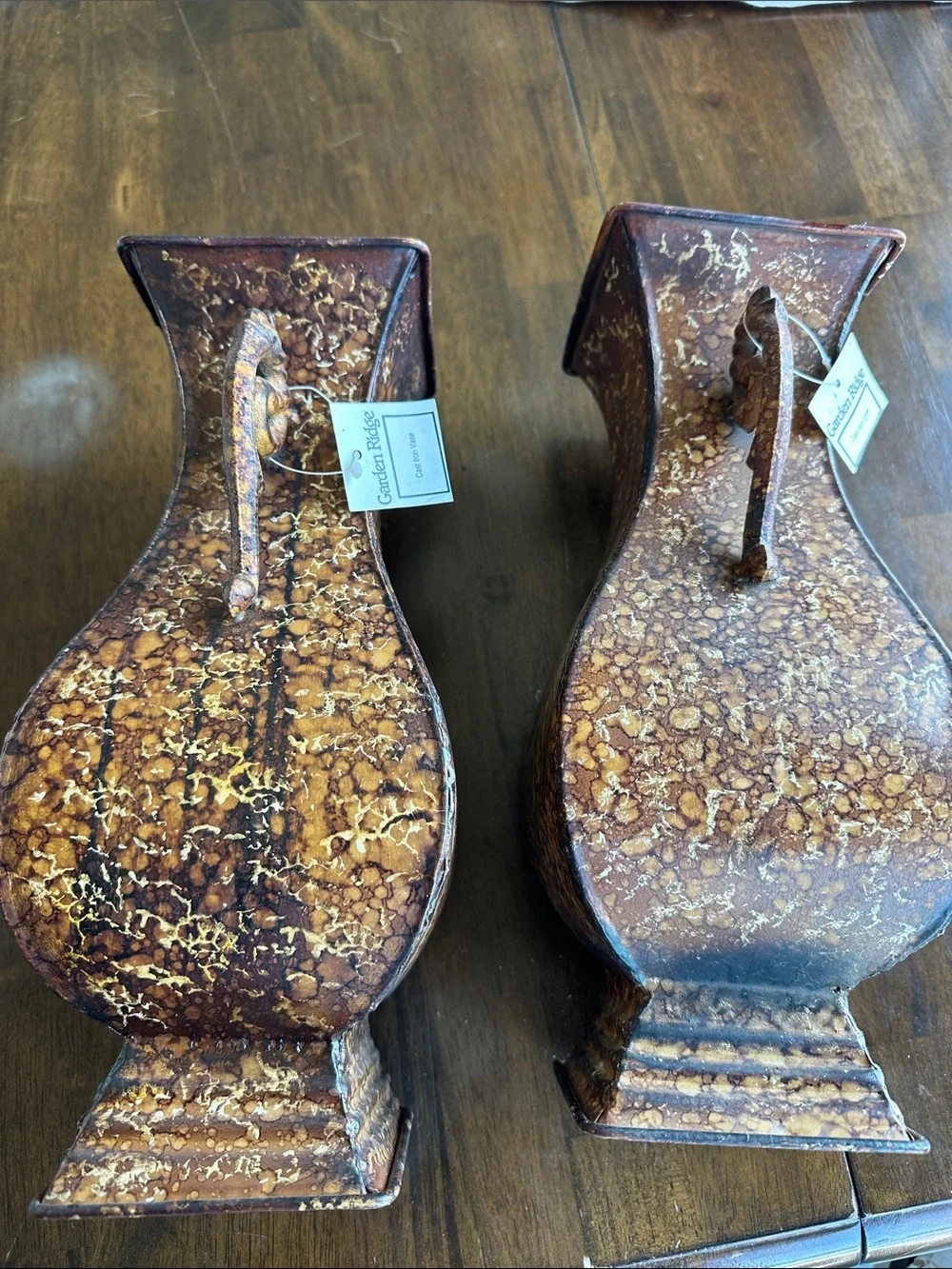 Pair of Brown Speckled Metal Urn Vases with Scroll Handles